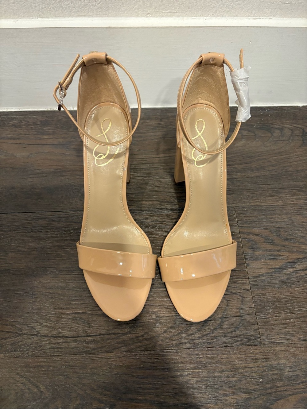 Sam Edelman Beige Patent Ankle-Strap Block Heels